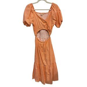 Sim and Sam Midi Dress Size Small Gingham Cutout Front Smocked Back Orange White